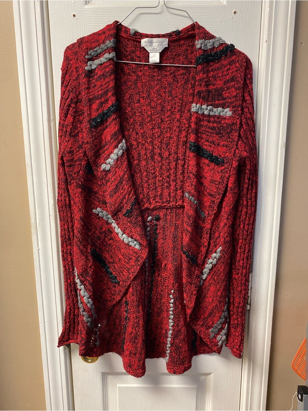 Christopher & Banks Red Open-Front Knit Cardigan with Gray and Black Accents